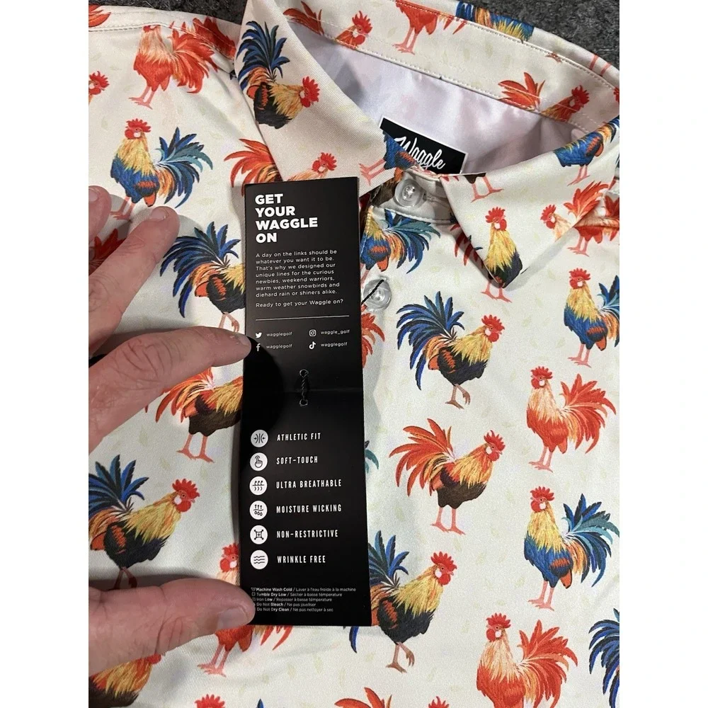 Waggle Golf Polo Shirt Mens Medium Cocky Rooster Print AOP Performance - NWT - Picture 4 of 8